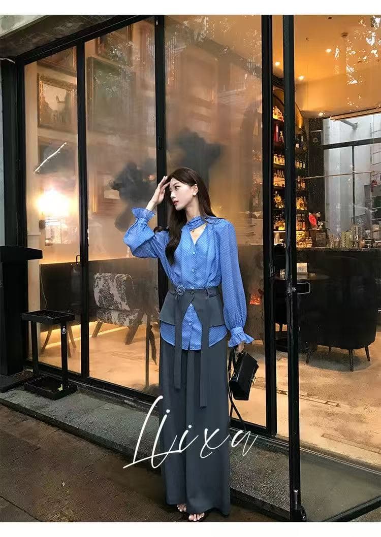 새로운 프랑스식 코치 출퇴근 V넥 도트 무늬 셔츠 하이웨이스트 도루 센스 캐주얼 바지 방귀 커튼 3 세트 상세 이미지 4
