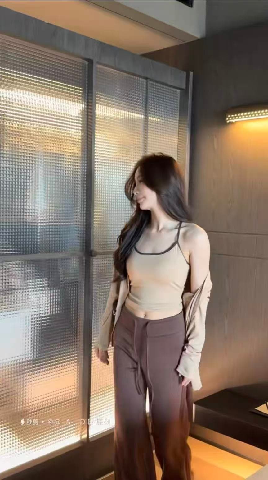 새로운 외국 가스 슬림해 보이는 패치워크 색상 캐미솔 카디건 코트 허리밴드 캐주얼 바지 3종 세트 이미지 5