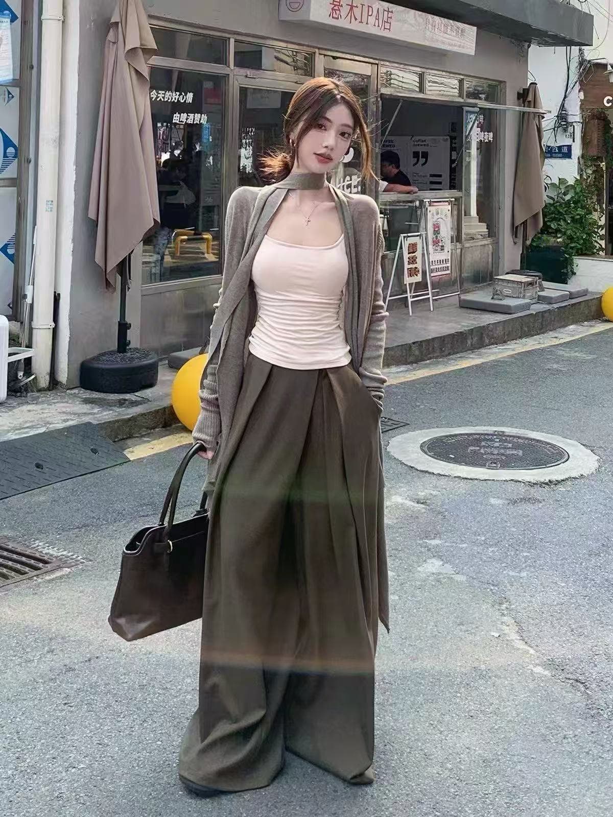 새로운 패션 느긋한 바람 품격 긴팔 오픈 가디건 캐미솔 하이웨이스트 캐주얼 와이드 레그 팬츠 3종 세트 이미지 3