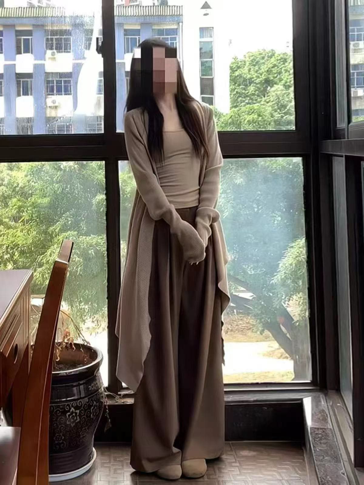 새로운 패션 느긋한 바람 품격 긴팔 오픈 가디건 캐미솔 하이웨이스트 캐주얼 와이드 레그 팬츠 3종 세트 상세 이미지 5