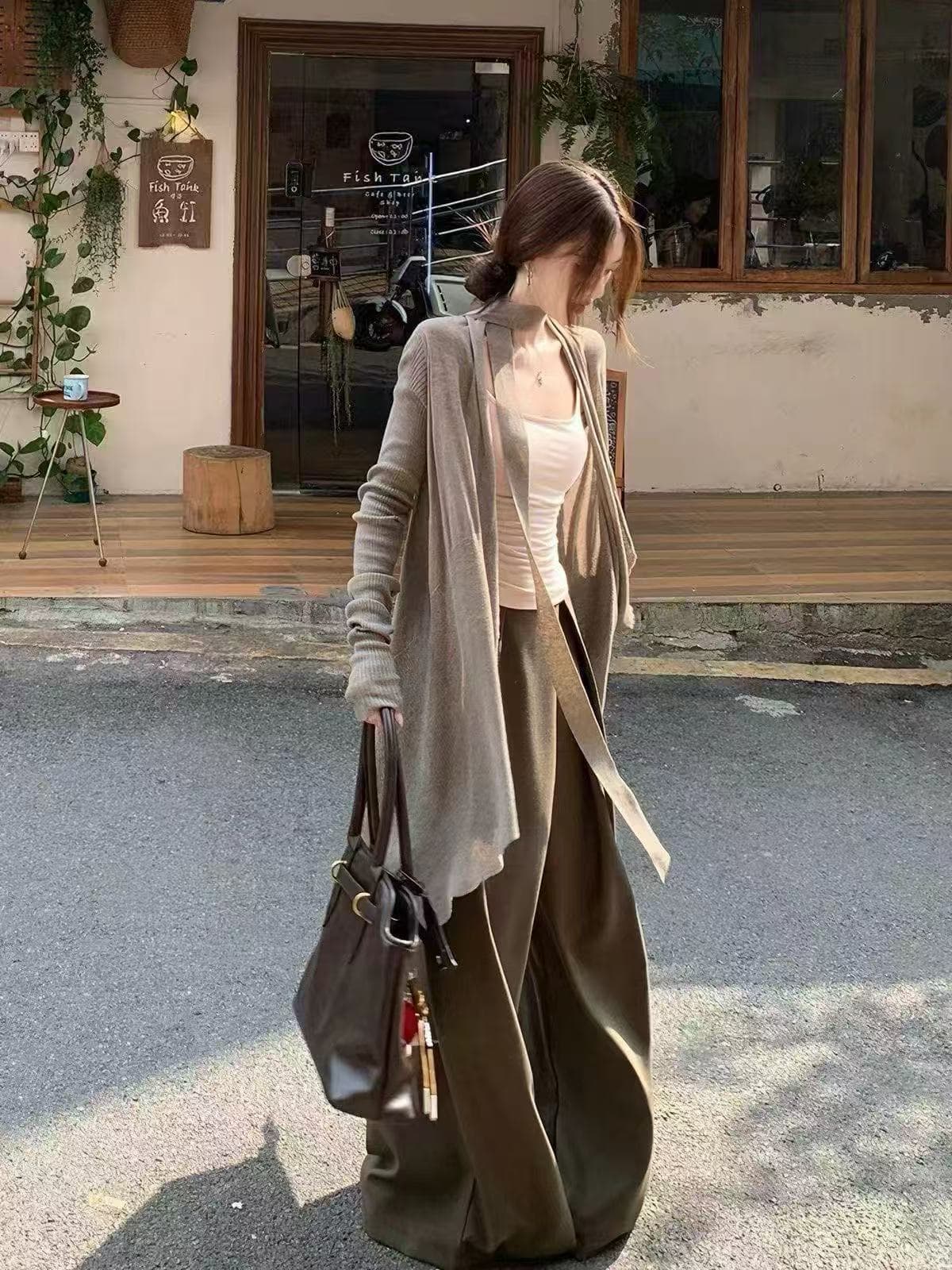 새로운 패션 느긋한 바람 품격 긴팔 오픈 가디건 캐미솔 하이웨이스트 캐주얼 와이드 레그 팬츠 3종 세트 상세 이미지 6