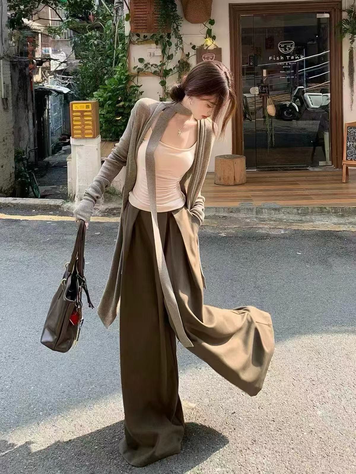 새로운 패션 느긋한 바람 품격 긴팔 오픈 가디건 캐미솔 하이웨이스트 캐주얼 와이드 레그 팬츠 3종 세트 상세 이미지 7