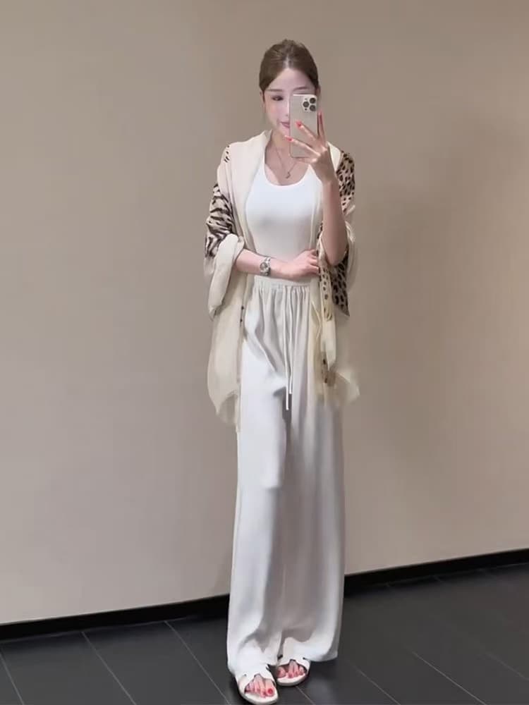 새로운 오래된 돈 바람 얇은 스타일 면 린넨 표범 텍스트 숄 미니멀리즘 조끼 허리밴드 캐주얼 바지 3종 세트 이미지 3