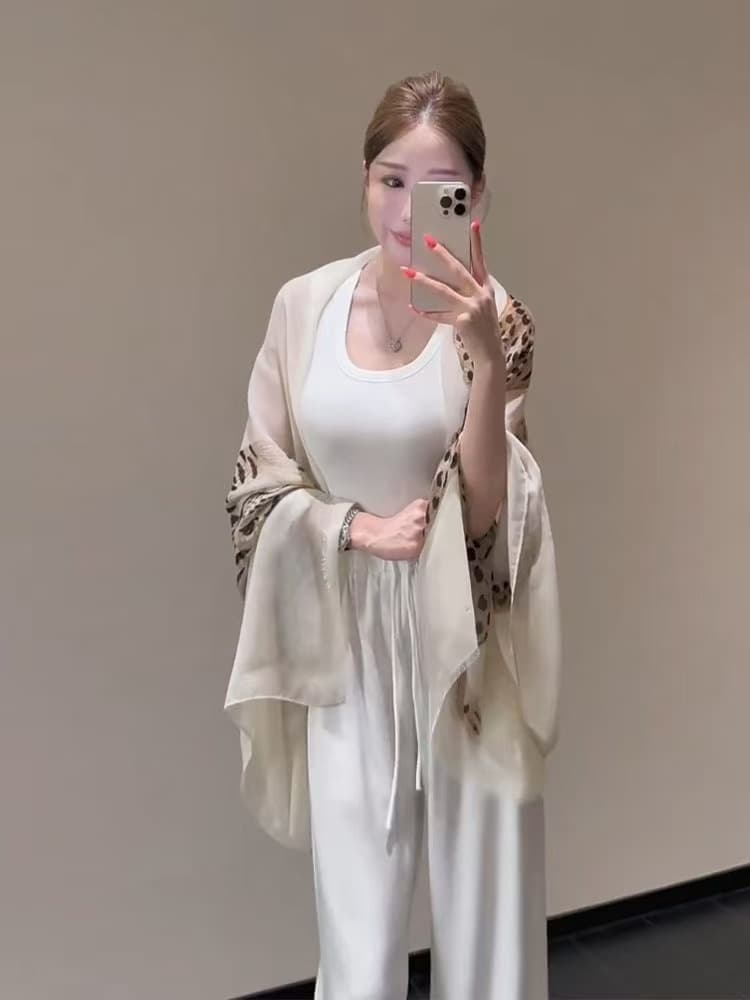 새로운 오래된 돈 바람 얇은 스타일 면 린넨 표범 텍스트 숄 미니멀리즘 조끼 허리밴드 캐주얼 바지 3종 세트 이미지 4