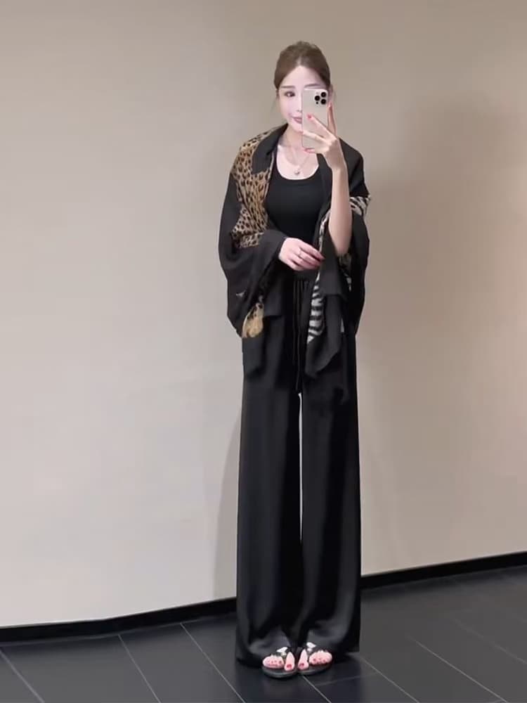 새로운 오래된 돈 바람 얇은 스타일 면 린넨 표범 텍스트 숄 미니멀리즘 조끼 허리밴드 캐주얼 바지 3종 세트 상세 이미지 1