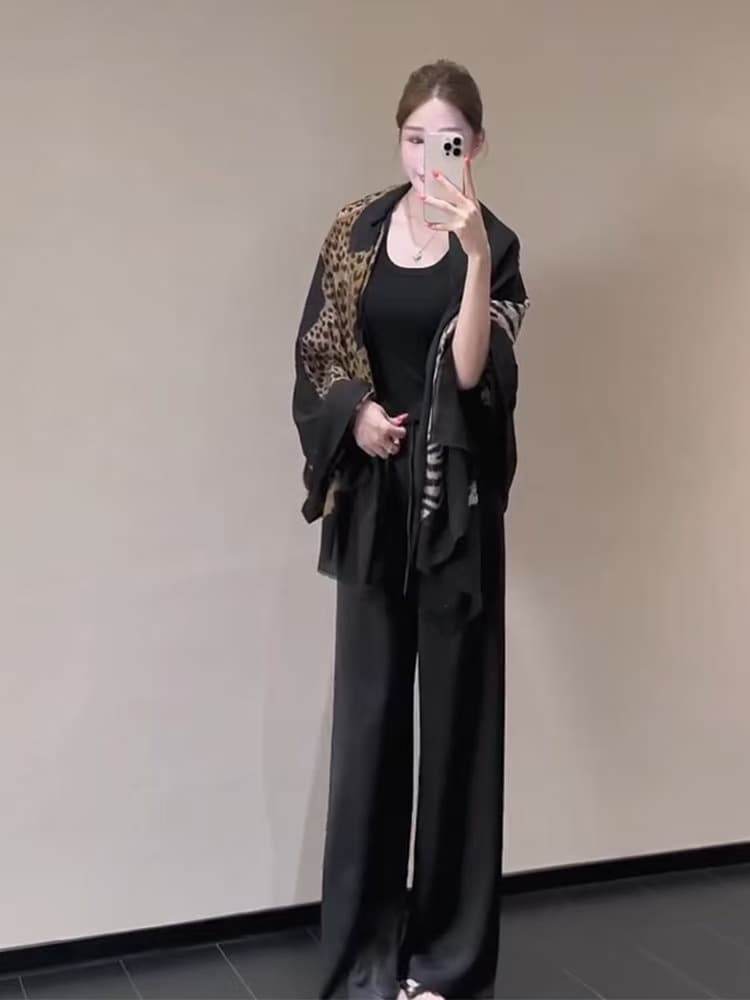 새로운 오래된 돈 바람 얇은 스타일 면 린넨 표범 텍스트 숄 미니멀리즘 조끼 허리밴드 캐주얼 바지 3종 세트 상세 이미지 2