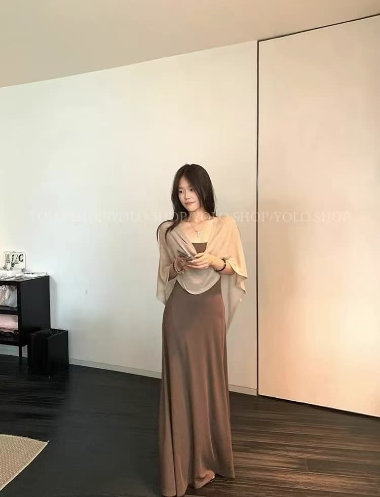 새로운 한국 스타일 패션 트렌드 아마 숄 주간 실크 몸매 가꾸기 드레스 투피스 세트 이미지 3