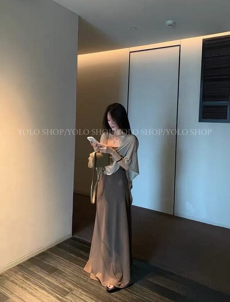 새로운 한국 스타일 패션 트렌드 아마 숄 주간 실크 몸매 가꾸기 드레스 투피스 세트 상세 이미지 2