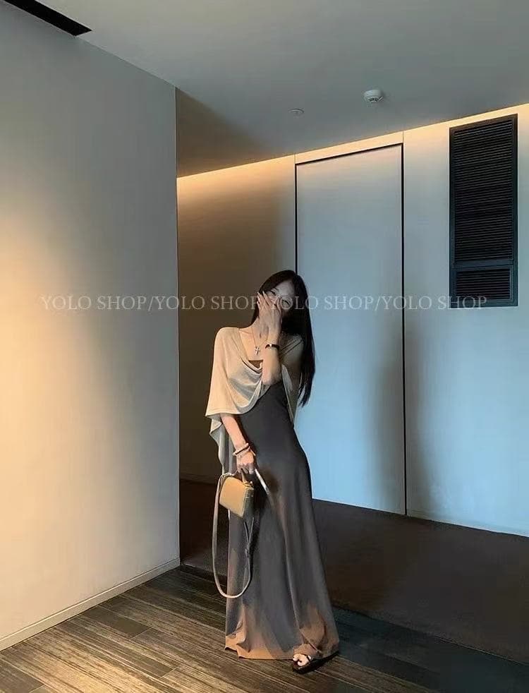 새로운 한국 스타일 패션 트렌드 아마 숄 주간 실크 몸매 가꾸기 드레스 투피스 세트 상세 이미지 3