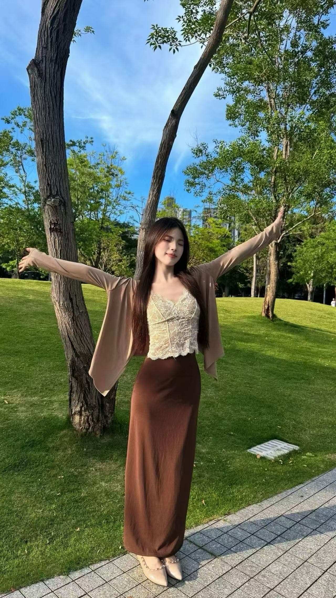 새로운 한국 스타일 패션 느긋한 바람 오픈 가디건 레이스 조끼 허리밴드 반신 롱 스커트 3종 세트 상세 이미지 2