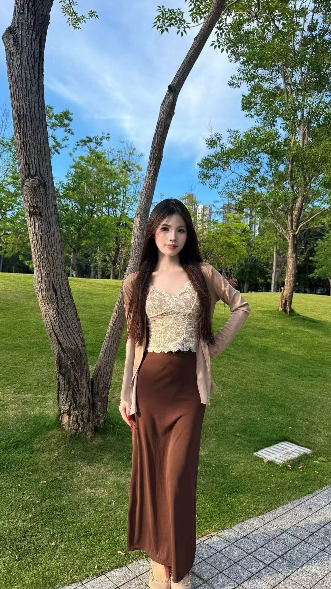 새로운 한국 스타일 패션 느긋한 바람 오픈 가디건 레이스 조끼 허리밴드 반신 롱 스커트 3종 세트 상세 이미지 3