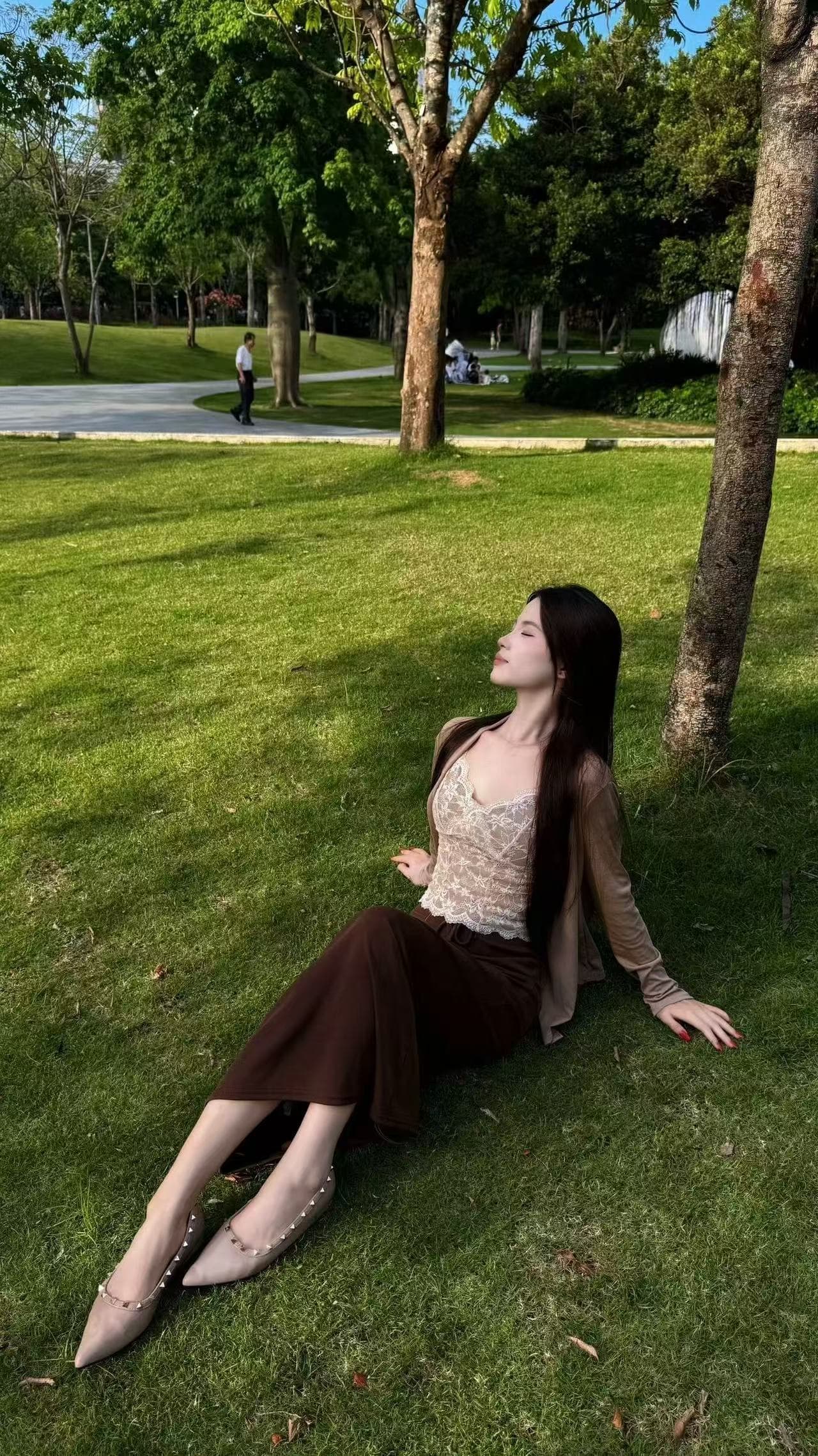 새로운 한국 스타일 패션 느긋한 바람 오픈 가디건 레이스 조끼 허리밴드 반신 롱 스커트 3종 세트 상세 이미지 4