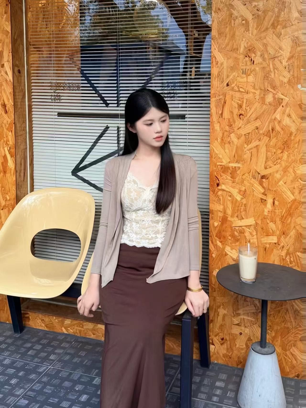 새로운 한국 스타일 패션 느긋한 바람 오픈 가디건 레이스 조끼 허리밴드 반신 롱 스커트 3종 세트 상세 이미지 6