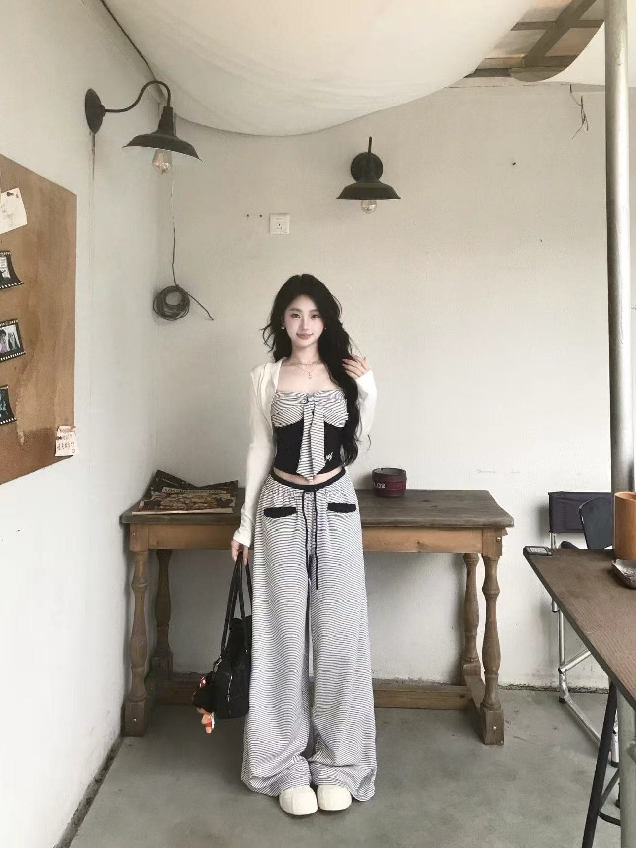 새로운 패션 느긋한 바람 튜브탑 자외선 차단 오픈 가디건 허리밴드 스트라이프 캐주얼 긴 바지 3종 세트 상세 이미지 1