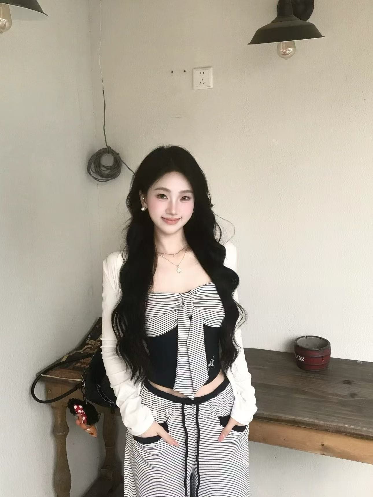 새로운 패션 느긋한 바람 튜브탑 자외선 차단 오픈 가디건 허리밴드 스트라이프 캐주얼 긴 바지 3종 세트 상세 이미지 3
