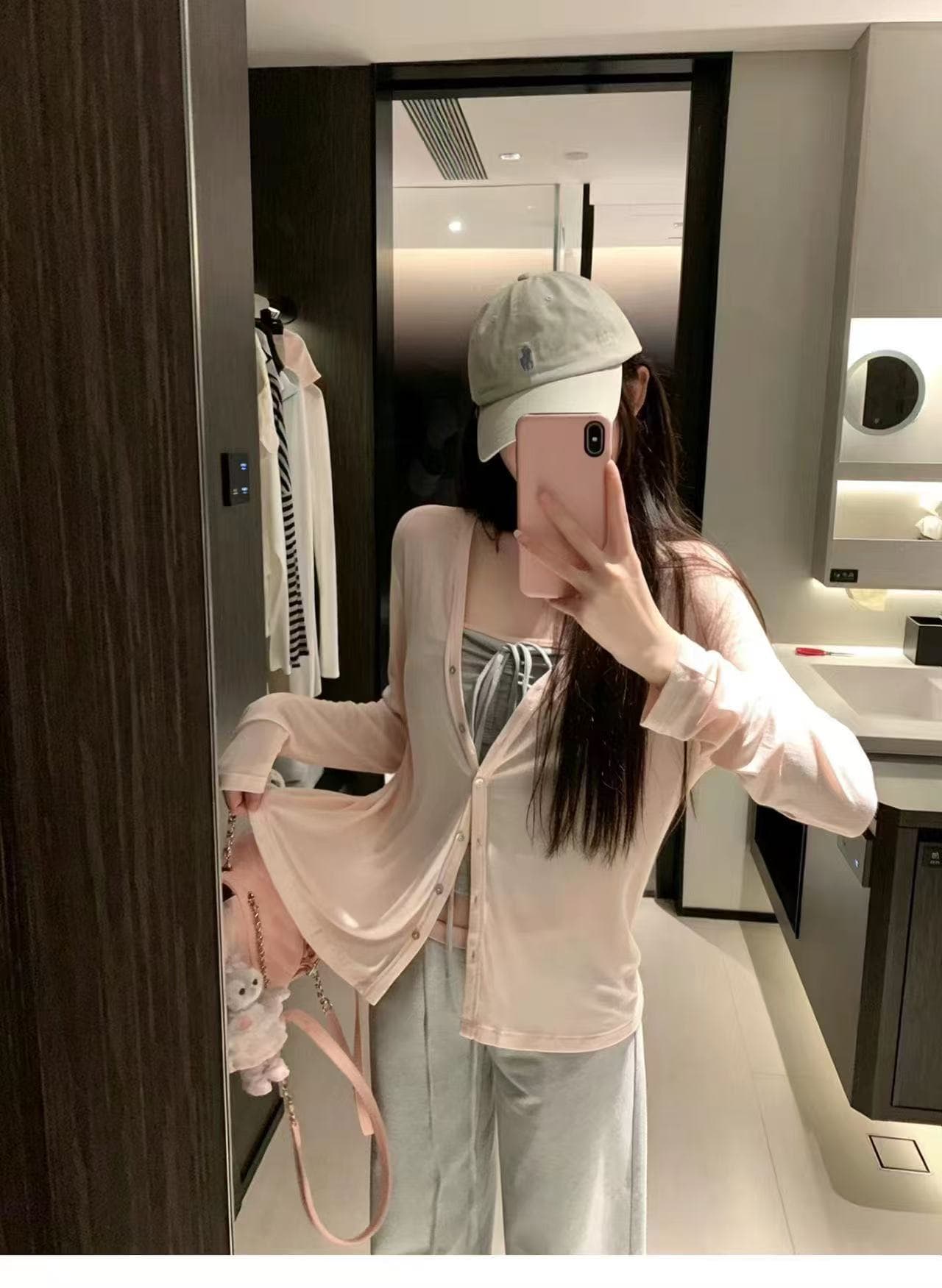 새로운 패션 느긋한 센스 얇고 가벼운 오픈 가디건 펌프 로프 튜브탑 허리밴드 슬림해 보이는 캐주얼 바지 3 세트 상세 이미지 6