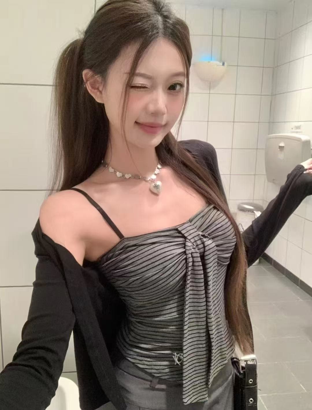 새로운 한 부서 바람 몸매 가꾸기 순수한 욕망 품격 오픈 가디건 스트라이프 슬립 튜브탑 하이웨이스트 캐주얼 바지 3 세트 이미지 3