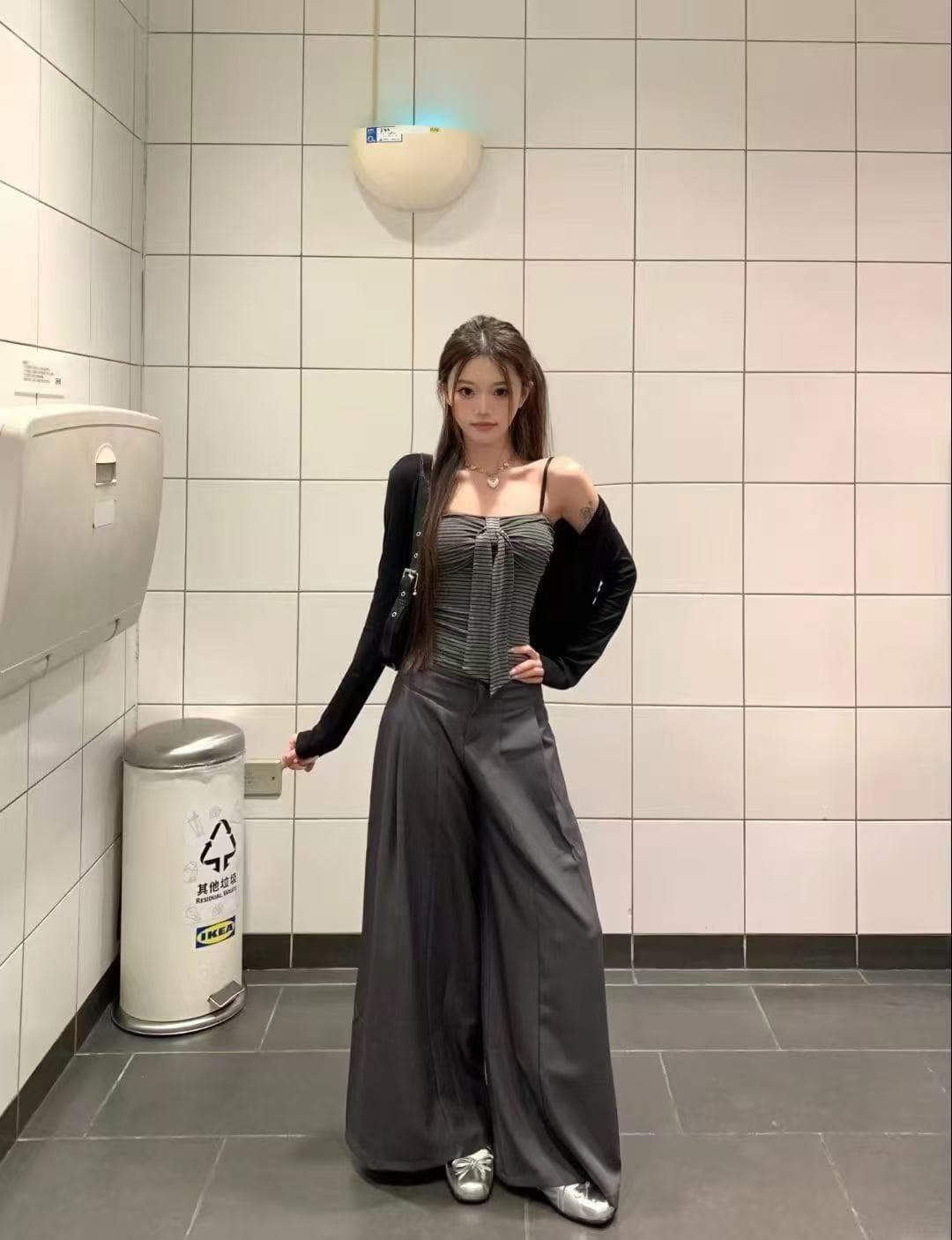 새로운 한 부서 바람 몸매 가꾸기 순수한 욕망 품격 오픈 가디건 스트라이프 슬립 튜브탑 하이웨이스트 캐주얼 바지 3 세트 상세 이미지 5