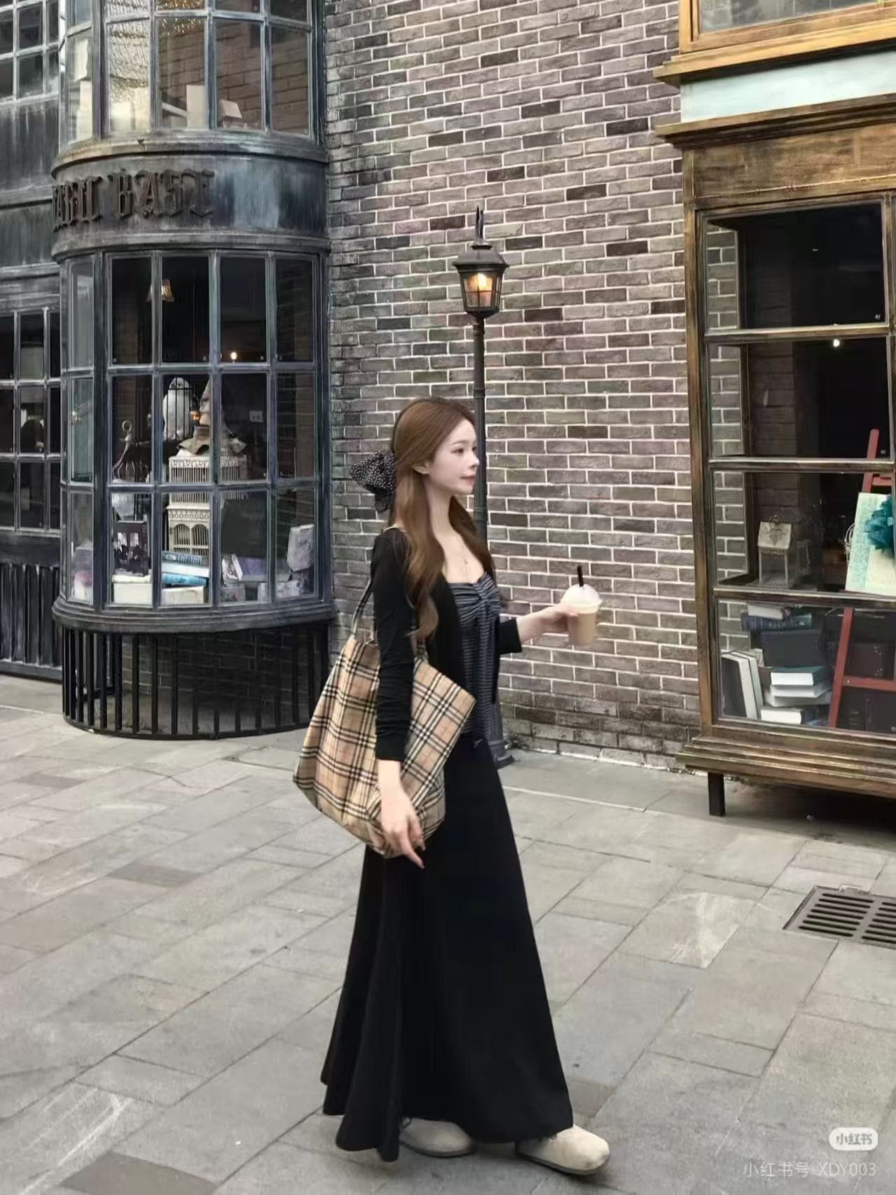 새로운 한 부서 바람 몸매 가꾸기 순수한 욕망 품격 오픈 가디건 스트라이프 슬립 튜브탑 하이웨이스트 반신 스커트 3 세트 이미지 4