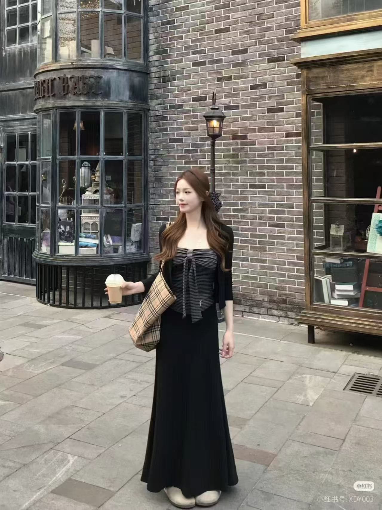 새로운 한 부서 바람 몸매 가꾸기 순수한 욕망 품격 오픈 가디건 스트라이프 슬립 튜브탑 하이웨이스트 반신 스커트 3 세트 상세 이미지 4