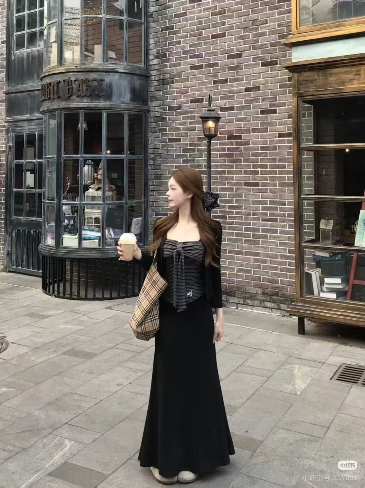새로운 한 부서 바람 몸매 가꾸기 순수한 욕망 품격 오픈 가디건 스트라이프 슬립 튜브탑 하이웨이스트 반신 스커트 3 세트 상세 이미지 5