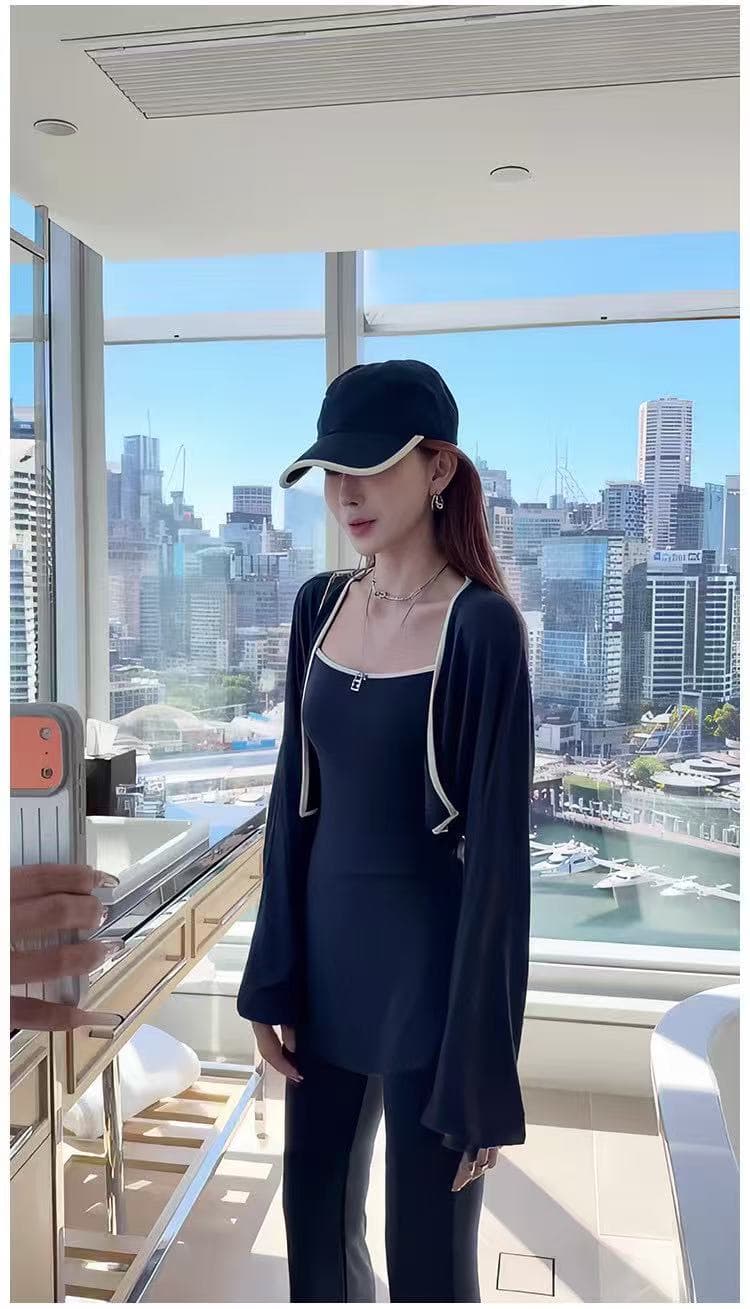 새로운 느긋한 바람 숨기기 긴팔 루즈핏 오픈 가디건 캐미솔 허리밴드 부츠컷 바지 3종 세트 상세 이미지 2