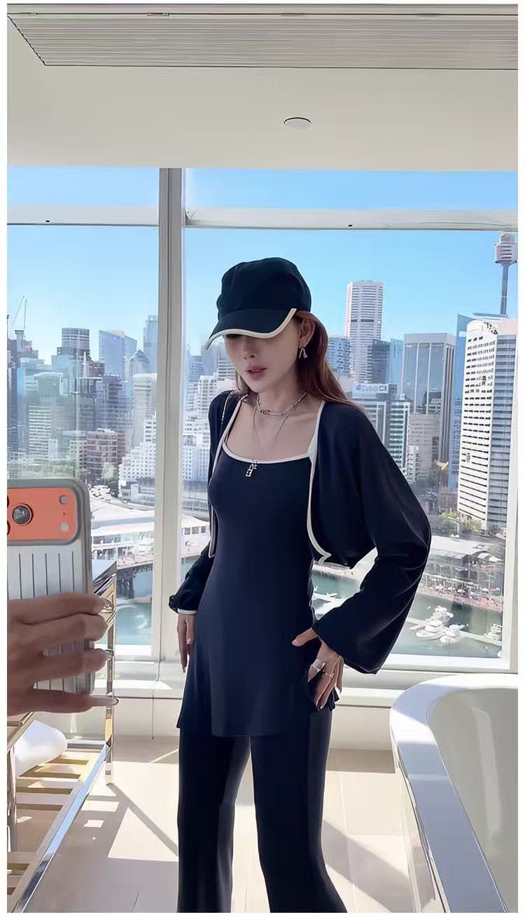 새로운 느긋한 바람 숨기기 긴팔 루즈핏 오픈 가디건 캐미솔 허리밴드 부츠컷 바지 3종 세트 상세 이미지 3