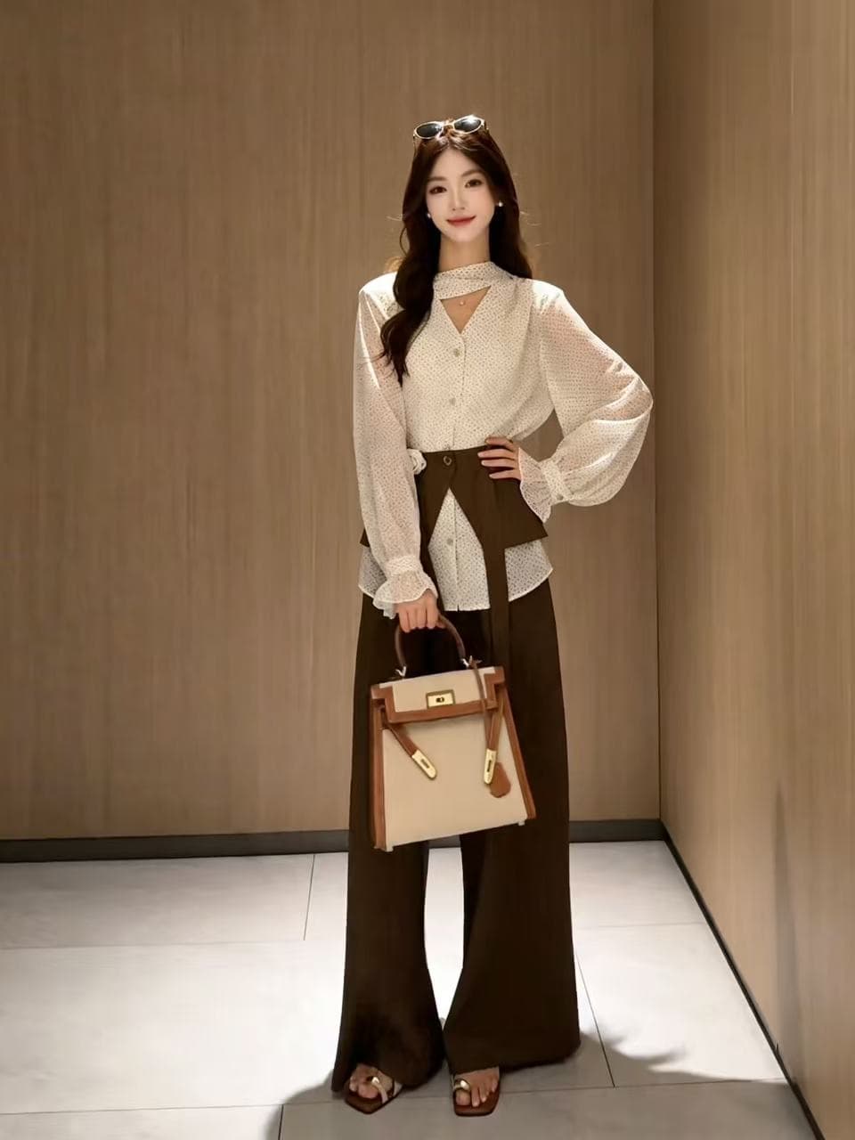 새로운 프랑스식 코치 출퇴근 V넥 도트 무늬 셔츠 하이웨이스트 도루 센스 캐주얼 바지 방귀 커튼 3 세트 상세 이미지 1