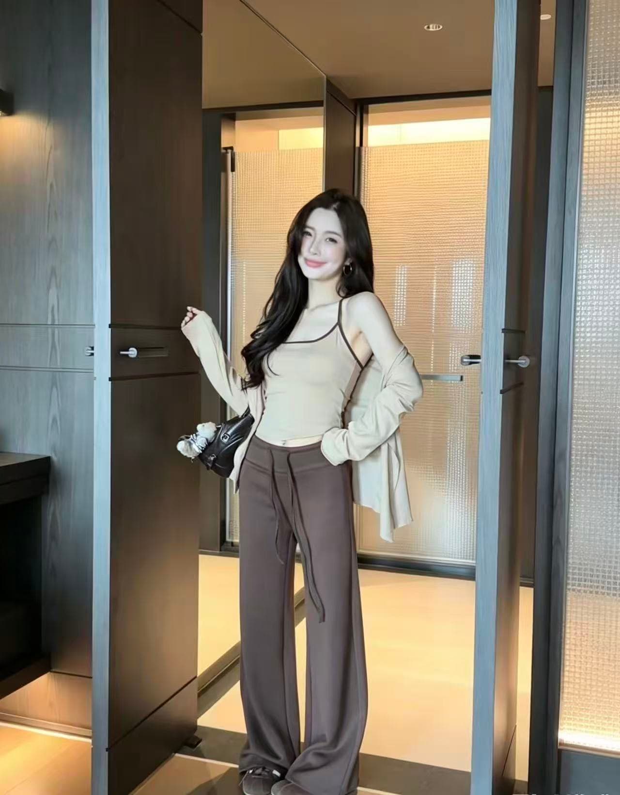 새로운 외국 가스 슬림해 보이는 패치워크 색상 캐미솔 카디건 코트 허리밴드 캐주얼 바지 3종 세트 이미지 2