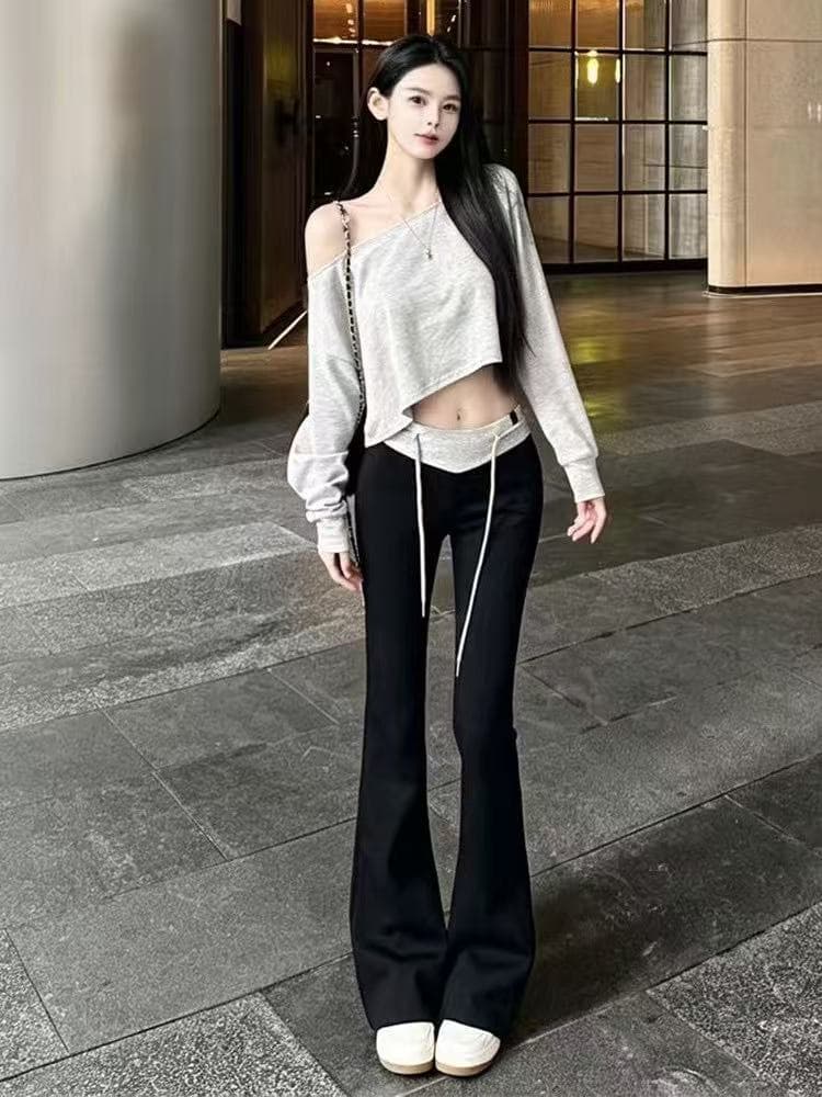 새로운 한국 스타일 패션 기초 섹션 게으른 바람 오프숄더 짧은 티셔츠 하이웨이스트 패치워크 모델 작업자 바지 세트 이미지 2