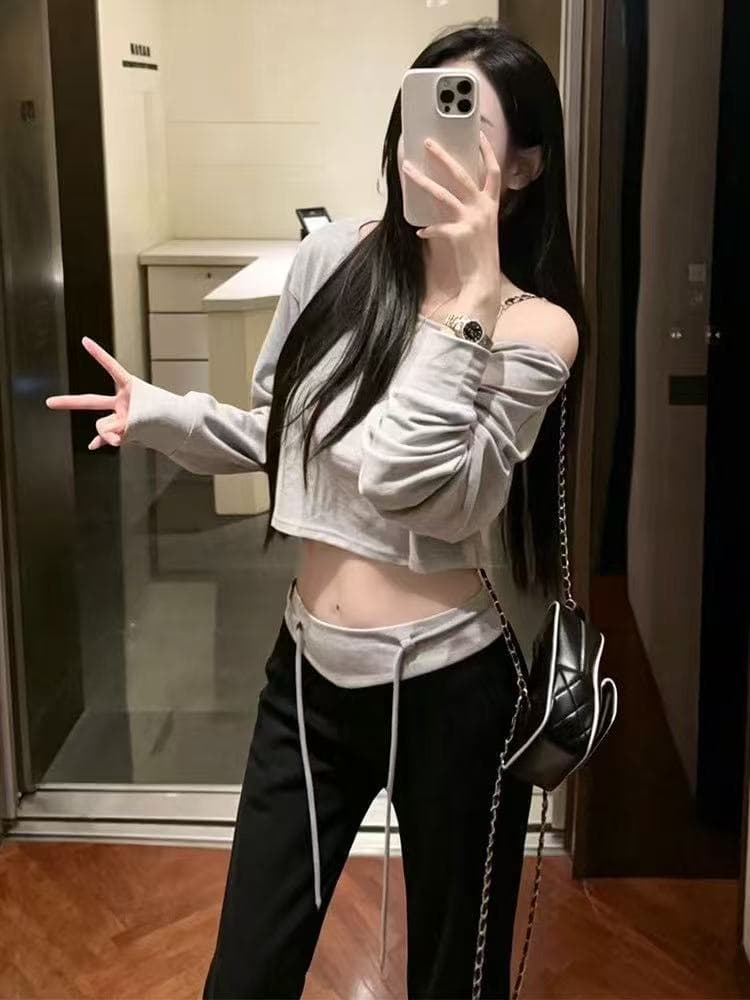 새로운 한국 스타일 패션 기초 섹션 게으른 바람 오프숄더 짧은 티셔츠 하이웨이스트 패치워크 모델 작업자 바지 세트 이미지 4