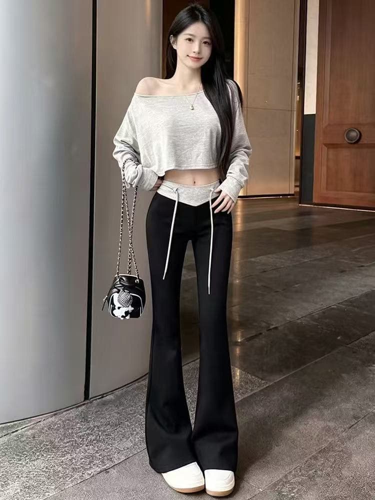 새로운 한국 스타일 패션 기초 섹션 게으른 바람 오프숄더 짧은 티셔츠 하이웨이스트 패치워크 모델 작업자 바지 세트 상세 이미지 2