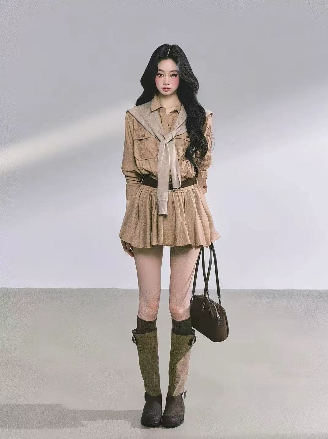 새로운 한국 스타일 패션 출퇴근 고급 센스 그는 벤 바람 워크웨어 퍼프 미니 스커트 숄 벨트 3 세트 상세 이미지 1