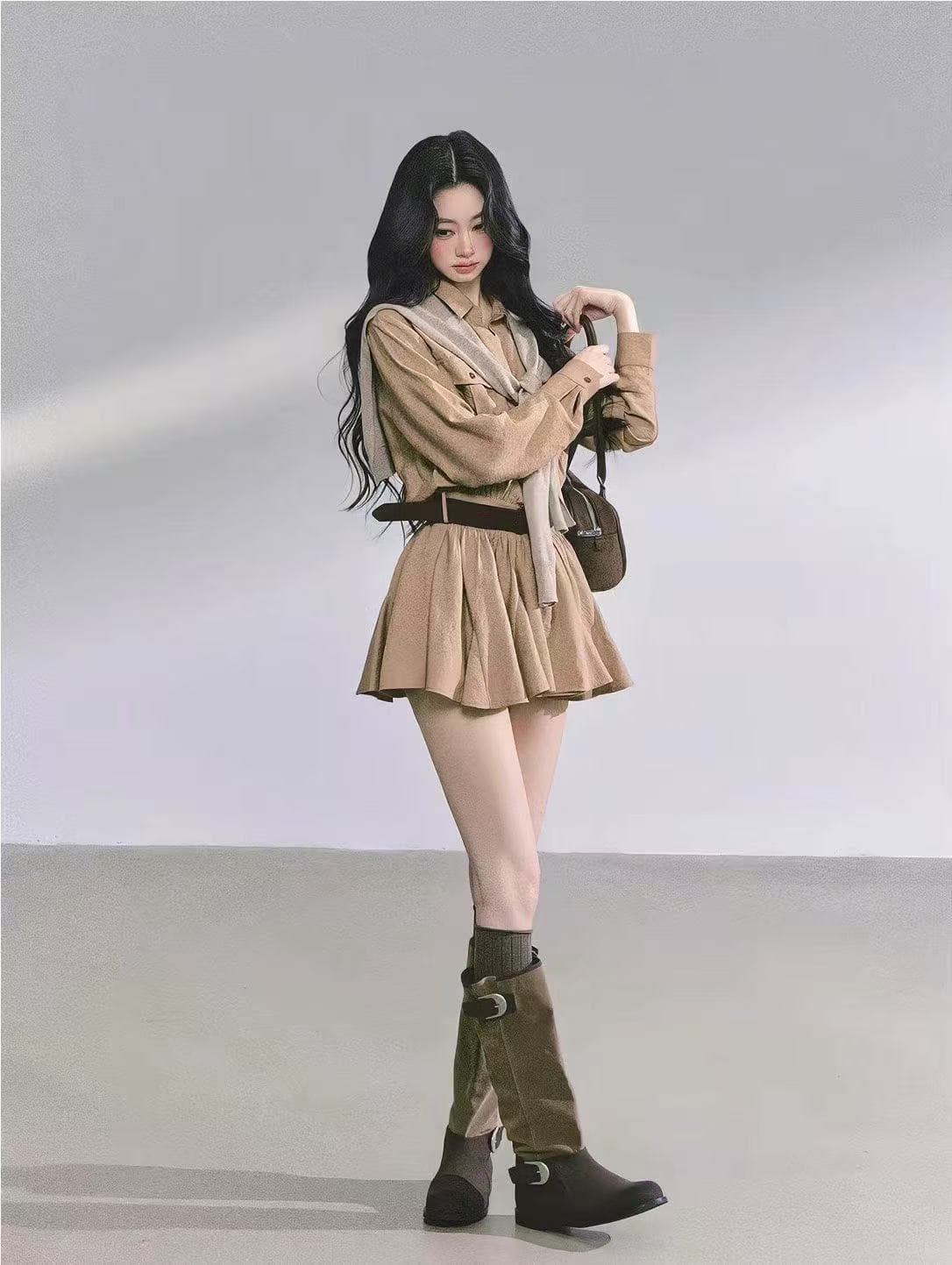 새로운 한국 스타일 패션 출퇴근 고급 센스 그는 벤 바람 워크웨어 퍼프 미니 스커트 숄 벨트 3 세트 상세 이미지 2