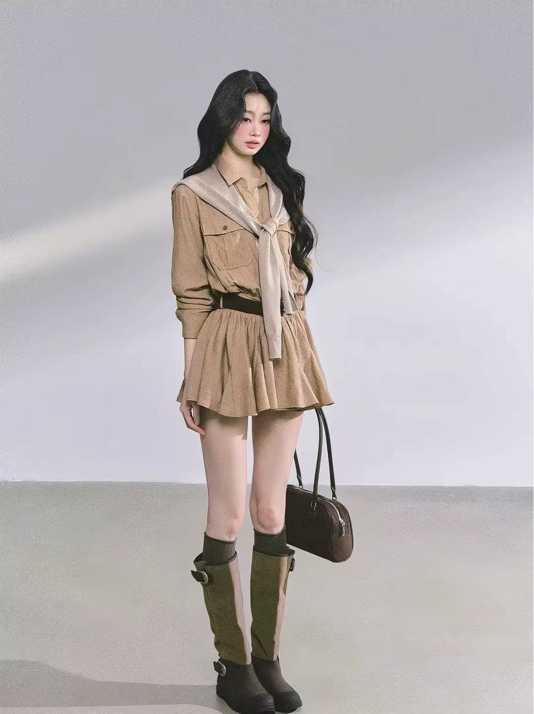 새로운 한국 스타일 패션 출퇴근 고급 센스 그는 벤 바람 워크웨어 퍼프 미니 스커트 숄 벨트 3 세트 상세 이미지 3