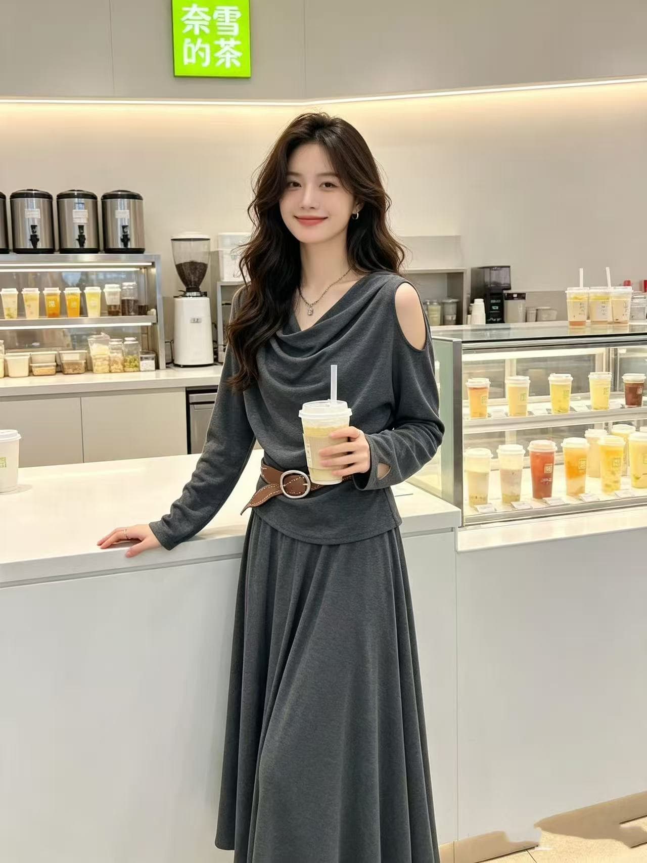 새로운 패션 느긋한 바람 말뚝 더미 칼라 오프숄더 긴팔 맨위 허리밴드 반신 벨트 3 세트
