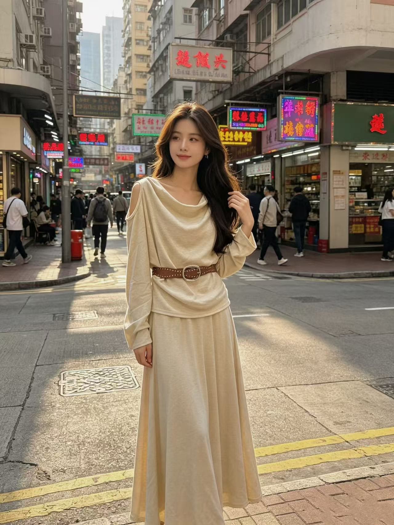 새로운 패션 느긋한 바람 말뚝 더미 칼라 오프숄더 긴팔 맨위 허리밴드 반신 벨트 3 세트 이미지 2