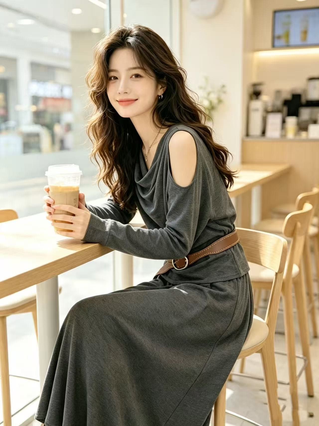 새로운 패션 느긋한 바람 말뚝 더미 칼라 오프숄더 긴팔 맨위 허리밴드 반신 벨트 3 세트 상세 이미지 3