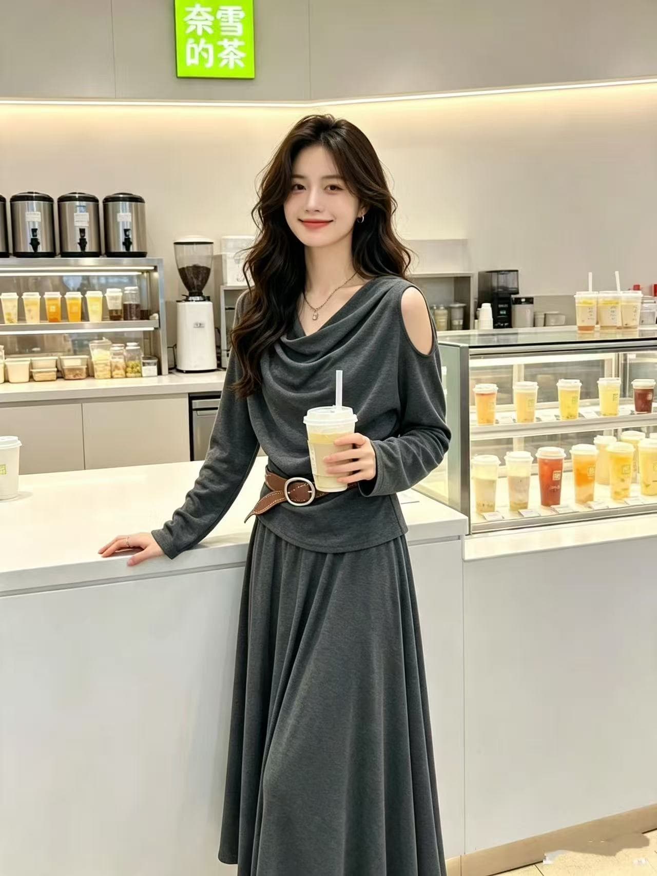 새로운 패션 느긋한 바람 말뚝 더미 칼라 오프숄더 긴팔 맨위 허리밴드 반신 벨트 3 세트 상세 이미지 4