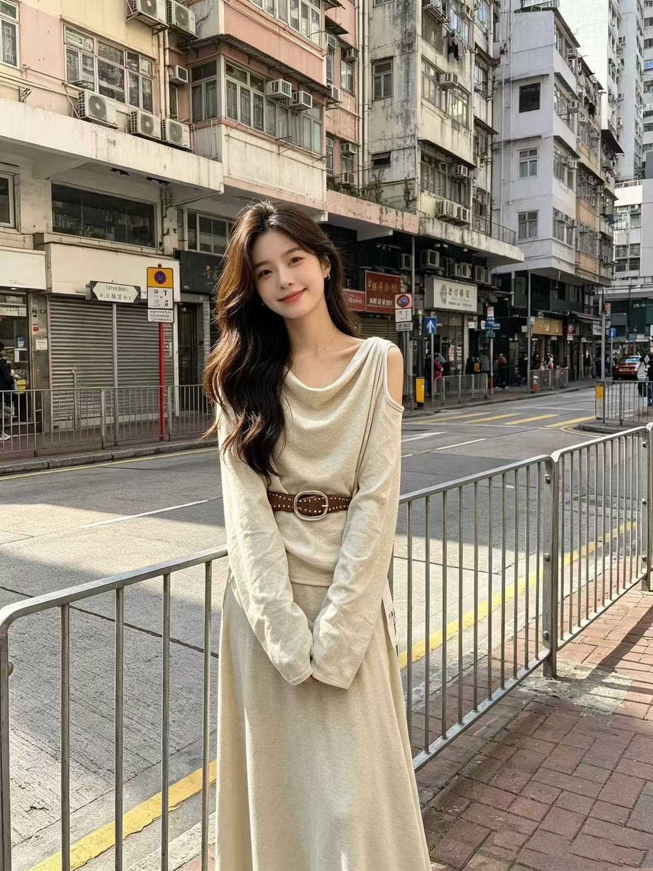 새로운 패션 느긋한 바람 말뚝 더미 칼라 오프숄더 긴팔 맨위 허리밴드 반신 벨트 3 세트 상세 이미지 5