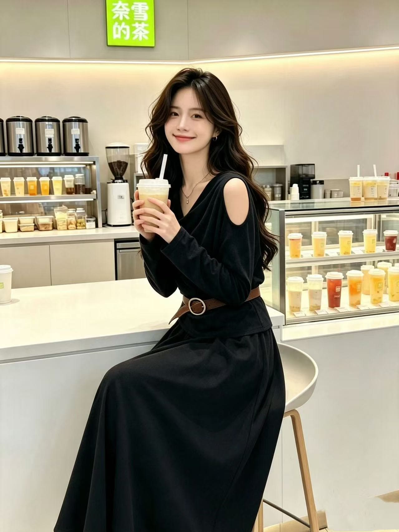 새로운 패션 느긋한 바람 말뚝 더미 칼라 오프숄더 긴팔 맨위 허리밴드 반신 벨트 3 세트 상세 이미지 6