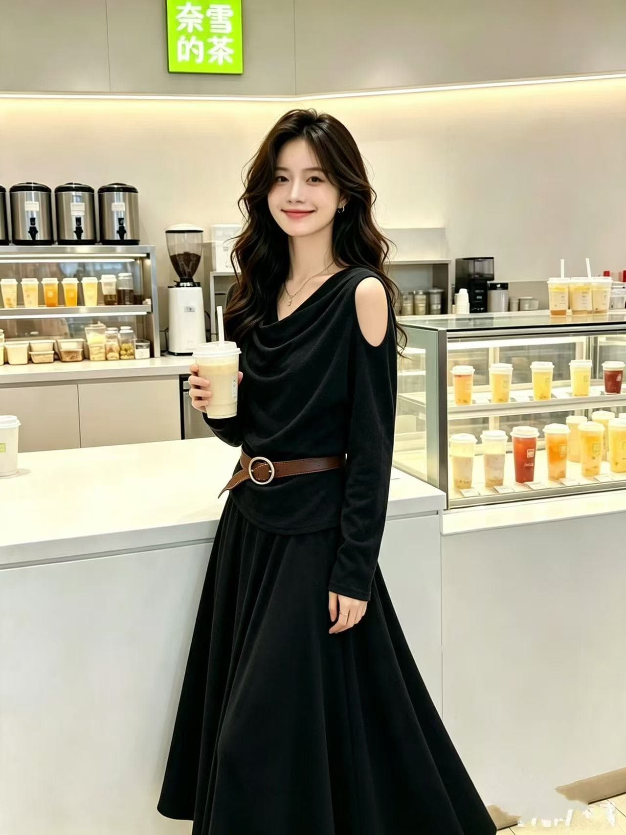 새로운 패션 느긋한 바람 말뚝 더미 칼라 오프숄더 긴팔 맨위 허리밴드 반신 벨트 3 세트 상세 이미지 8