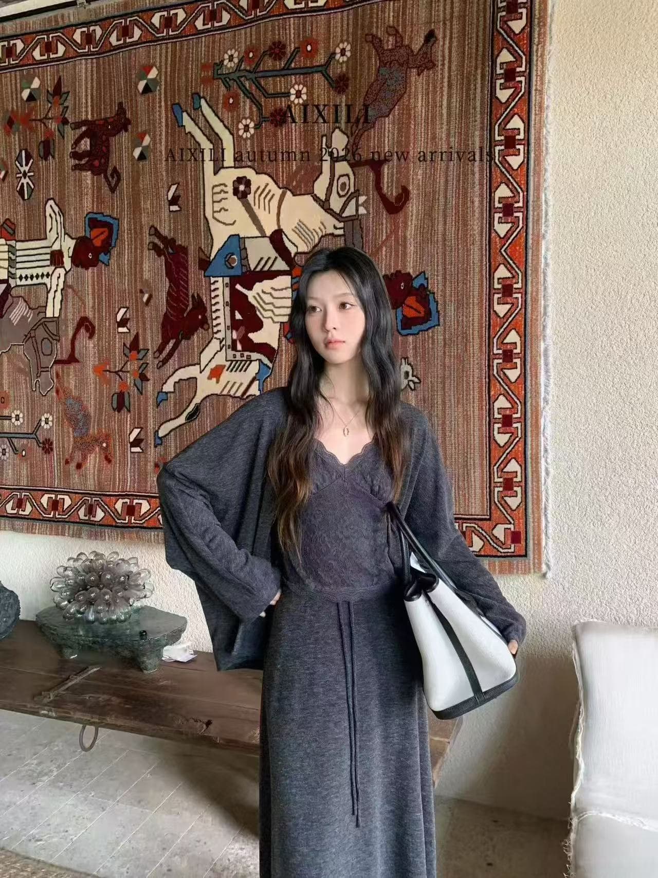 새로운 레이스 V넥 레이스 조끼 외부 가져 가라. 오픈 가디건 허리밴드 펌프 로프 반신 스커트 3종 세트 상세 이미지 9