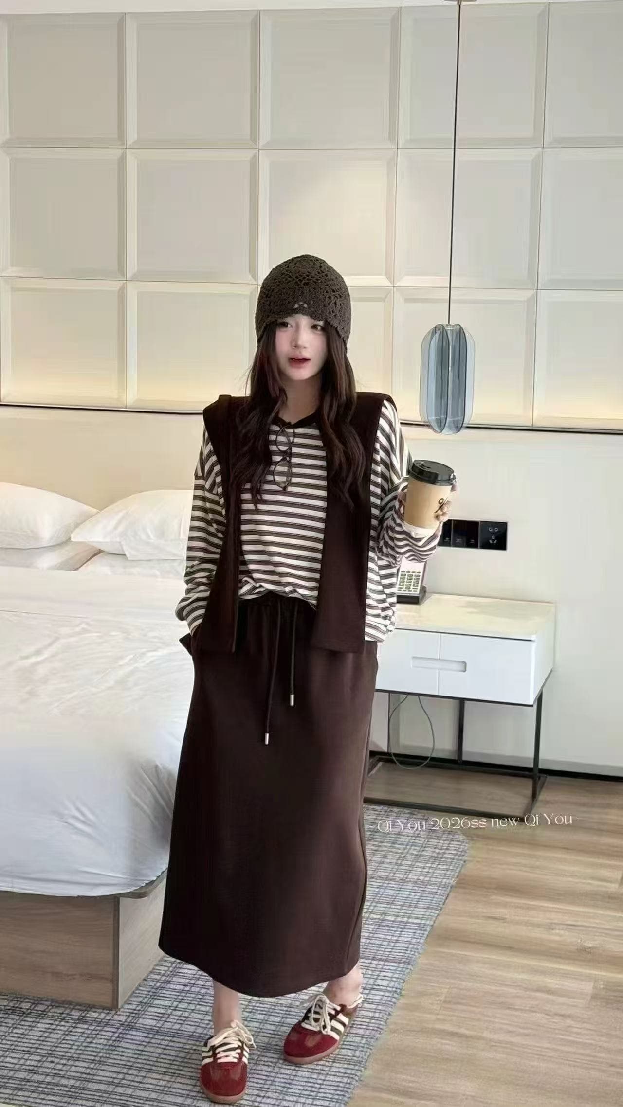 새로운 한국 스타일 패션 휴식 센스 스트라이프 긴팔 허리밴드 반신 스커트 숄 3 세트 상세 이미지 7