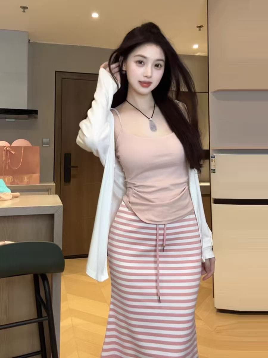 새로운 한 부서 패션 작은 청신 오픈 가디건 슬립 허리밴드 스트라이프 반신 스커트 3 세트 이미지 5