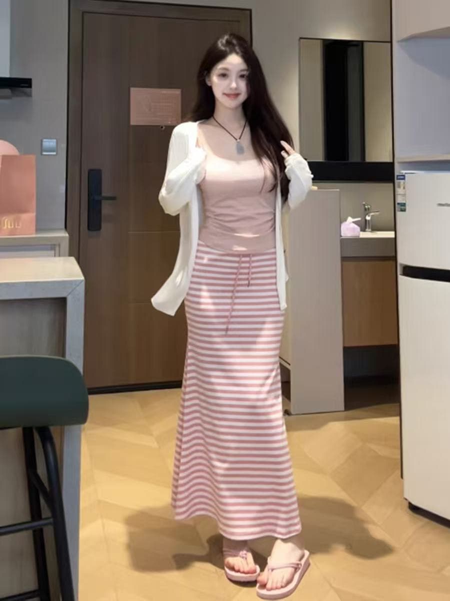 새로운 한 부서 패션 작은 청신 오픈 가디건 슬립 허리밴드 스트라이프 반신 스커트 3 세트 상세 이미지 3