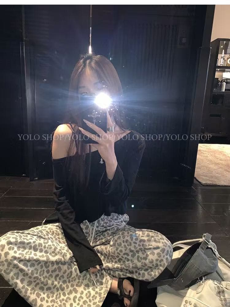 새로운 한국 스타일 패션 비스듬한 어깨 의류 허리밴드 안개 센스 레오파드 무늬 프린트 캐주얼 와이드 레그 팬츠 세트 상세 이미지 1