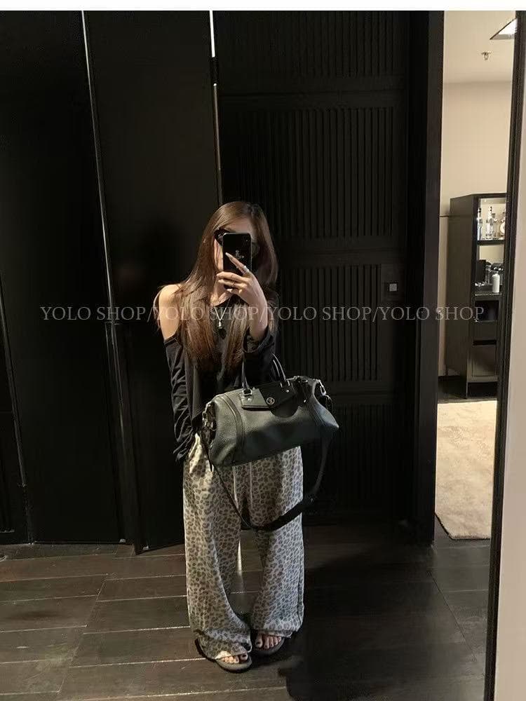 새로운 한국 스타일 패션 비스듬한 어깨 의류 허리밴드 안개 센스 레오파드 무늬 프린트 캐주얼 와이드 레그 팬츠 세트 상세 이미지 4