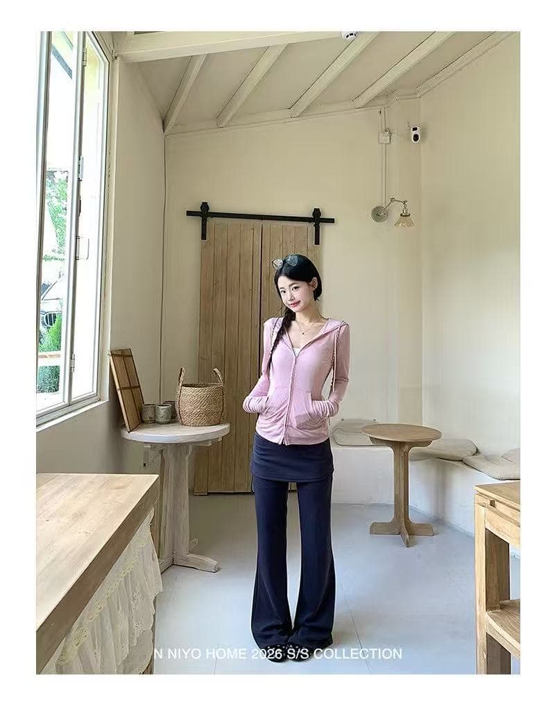 새로운 한국 스타일 패션 후드 몸매 가꾸기 오픈 가디건 허리밴드 방귀 커튼 부츠컷 캐주얼 와이드 레그 팬츠 세트 이미지 3