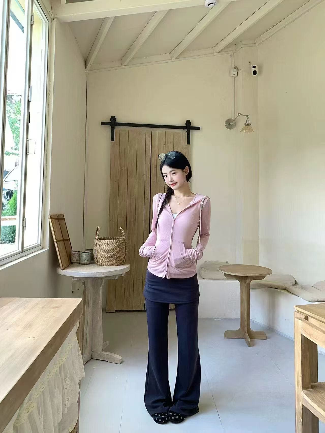 새로운 한국 스타일 패션 후드 몸매 가꾸기 오픈 가디건 허리밴드 방귀 커튼 부츠컷 캐주얼 와이드 레그 팬츠 세트 상세 이미지 7
